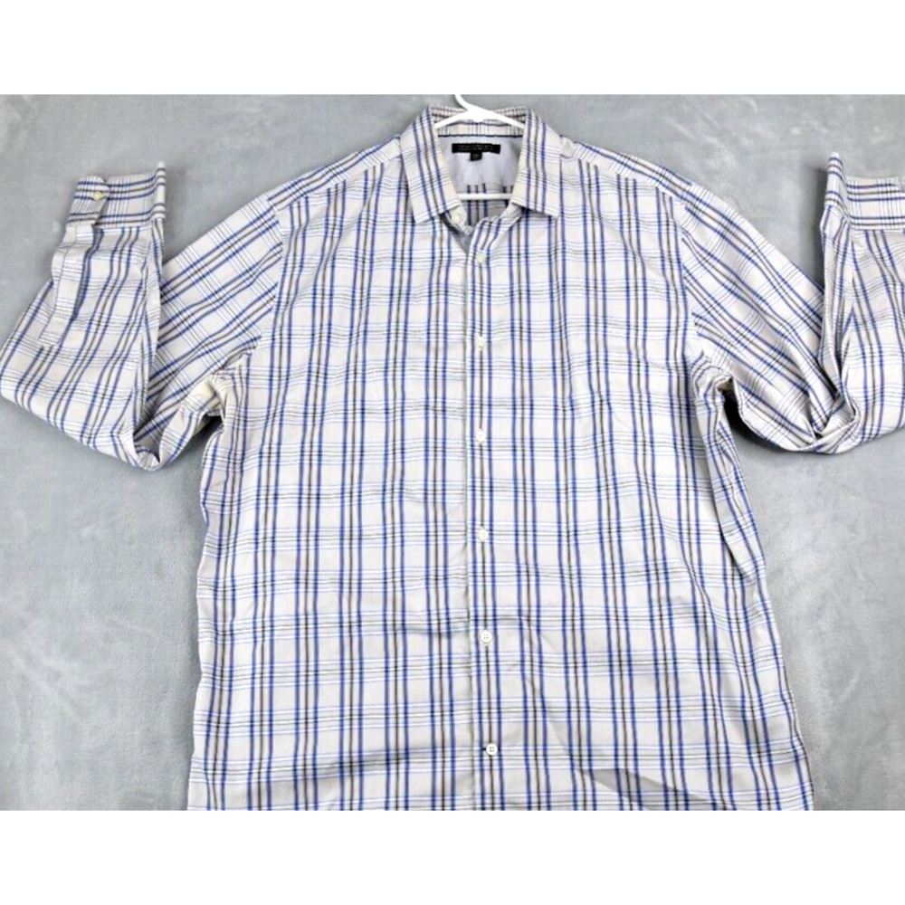 Banana Republic Shirt Men 2XL Slim Beige Blue Non-Iron Plaid Button Up - Picture 3 of 8